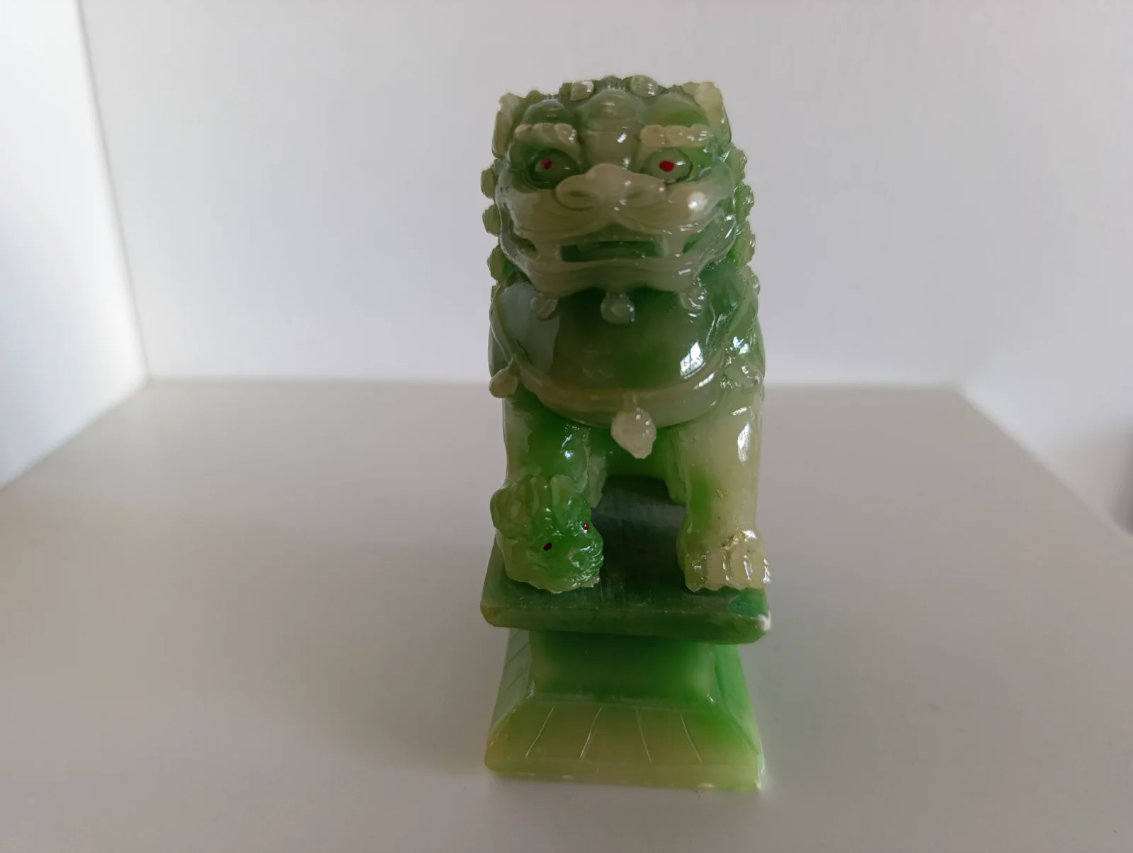 Statuina Vintage Cane Fu Leone Guardiano Cinese Resina Verde Stile Giada